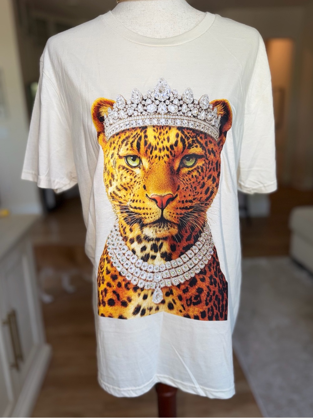 Keep It Gypsy Cream Leopard Print Short Sleeve Embellished Tee M
